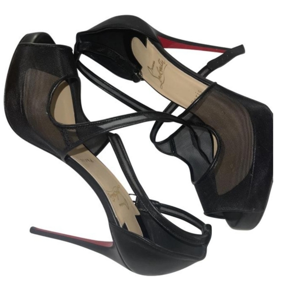 New Christian L black leather fishnet open toe platform high heels sandals - Picture 3 of 8